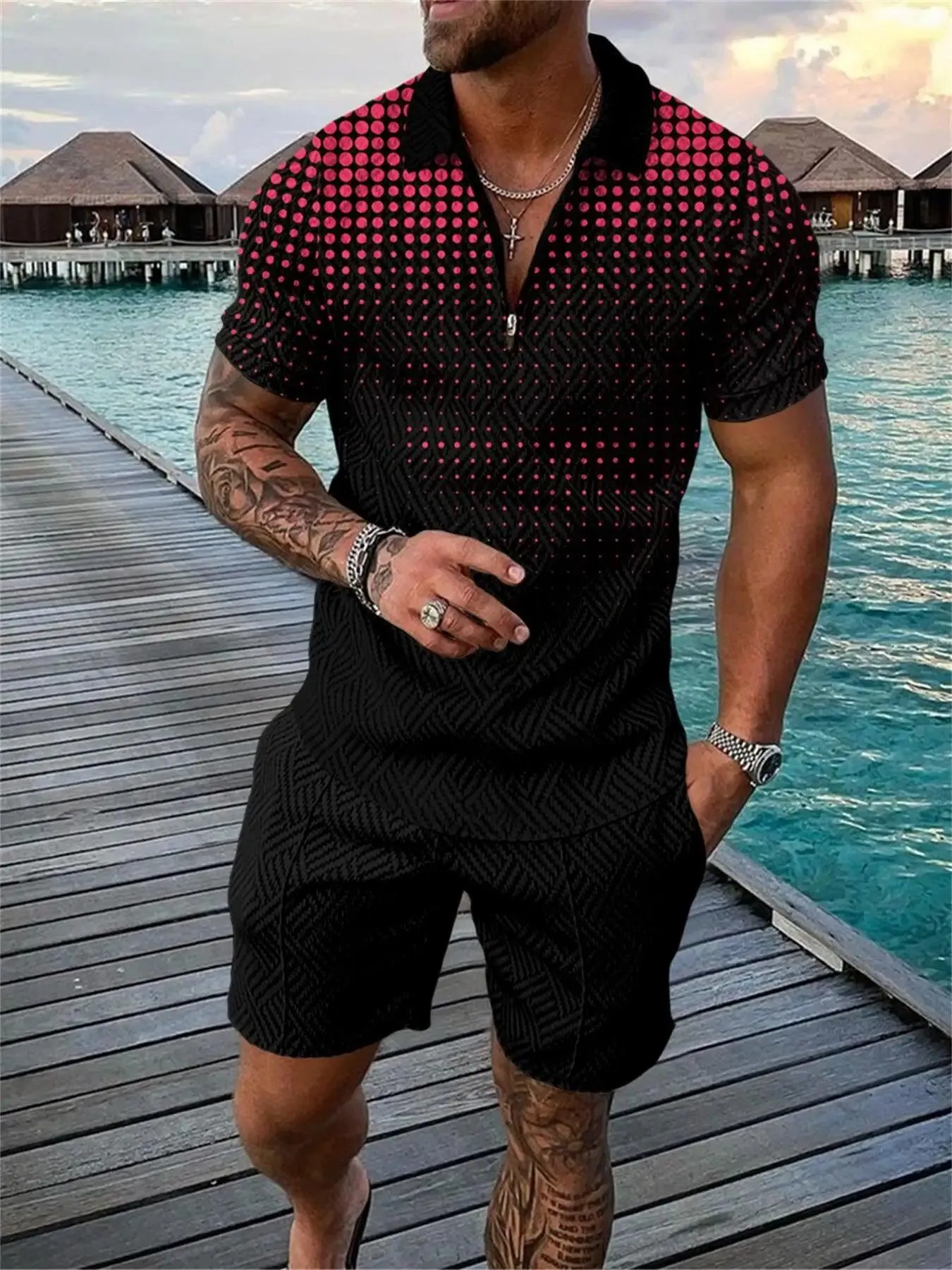 3D Print Polo Shirts Shorts Sets Men's