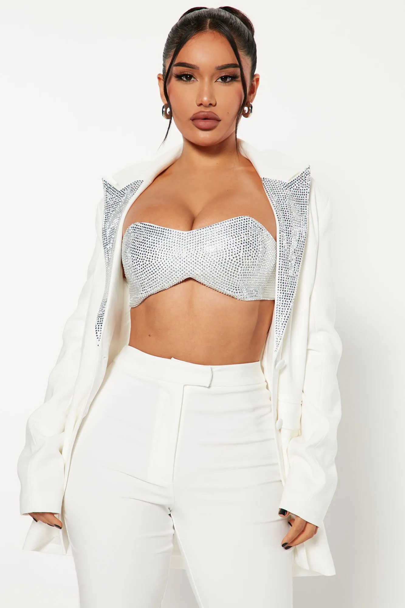 A Power Move Embellished Blazer Pant Set - White