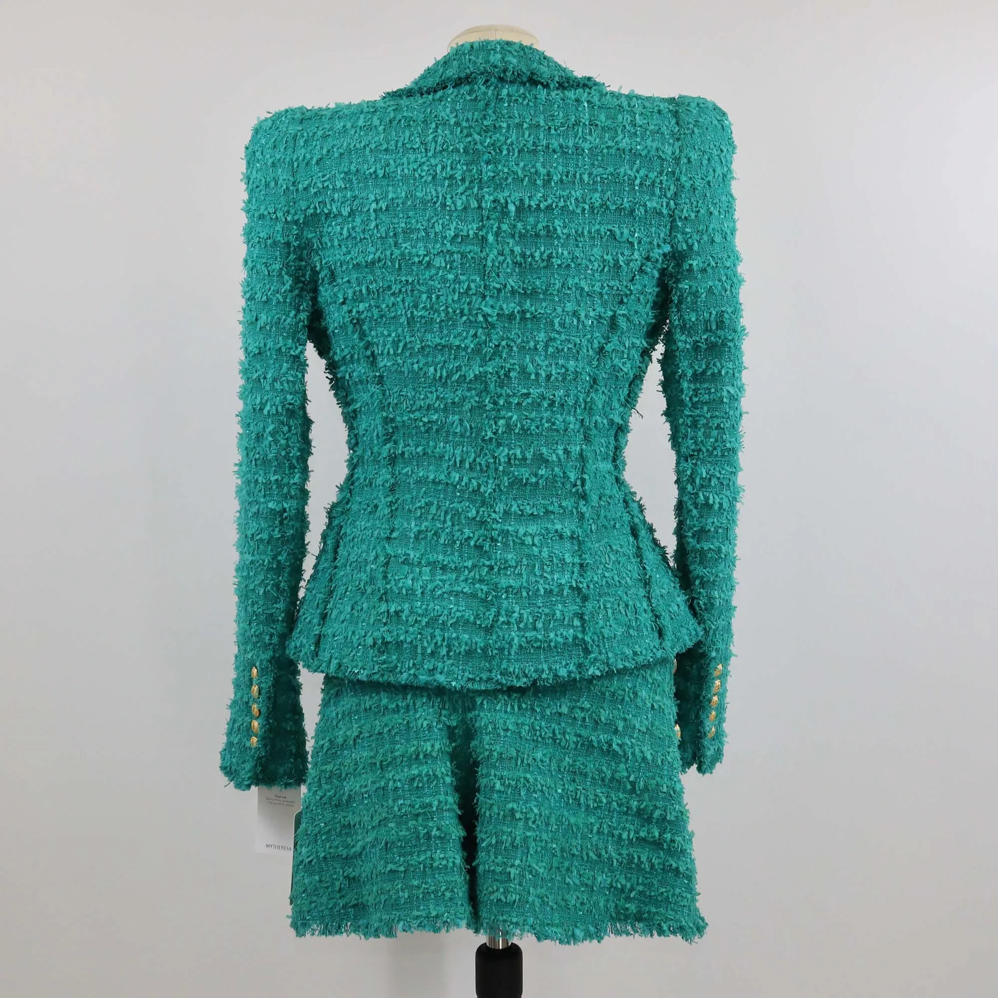 Balmain Green Double Breasted Tweed Blazer & Short Set