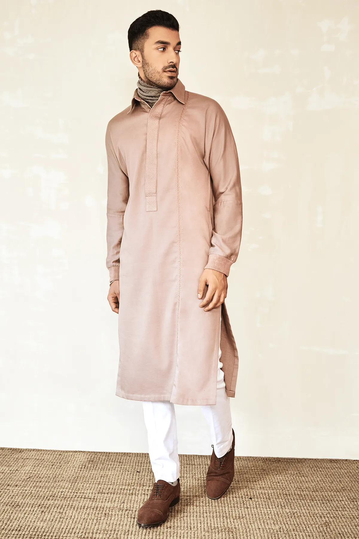 Beige Kurta with Grey Mock Polo Neck Band & Off-white Trousers