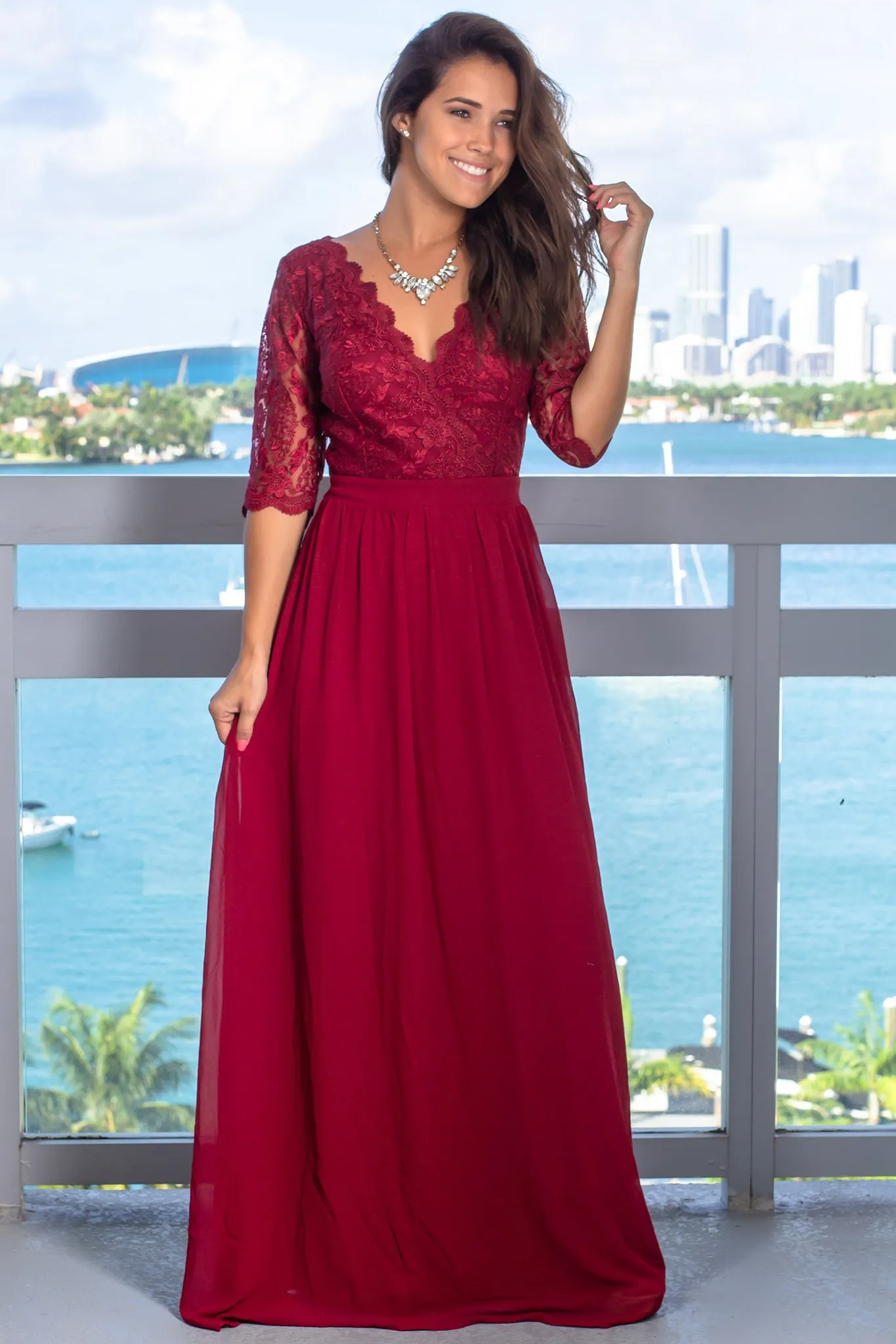 Burgundy Embroidered Top Maxi Dress