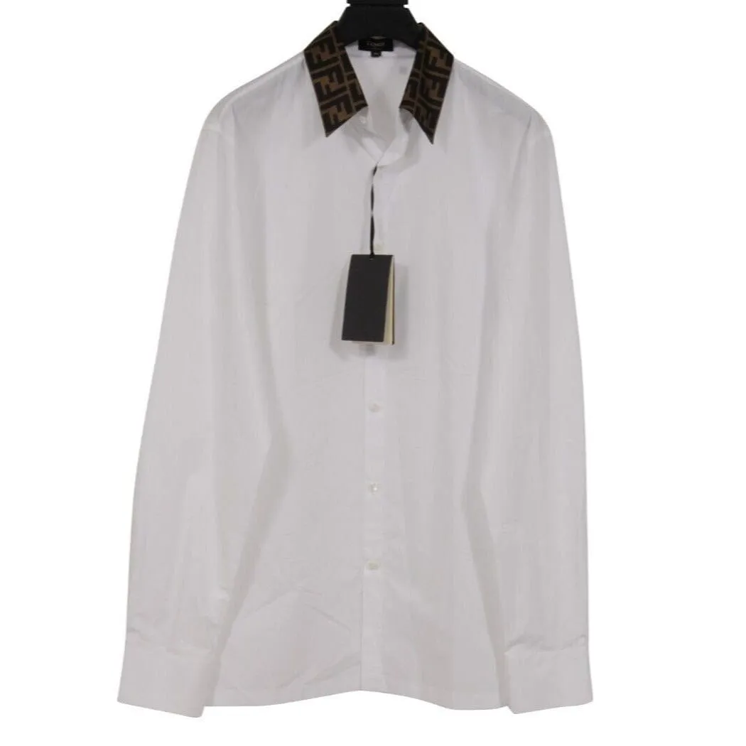 Button Down Shirt White BrownWhite FF Logo Collar Long Sleeve