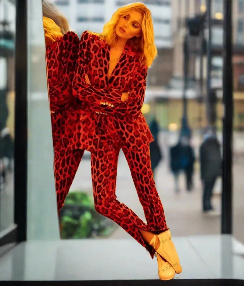 Custom Suits Shiny Red Sequin Leopard Women Suit Set Shiny Blazer Pants Party Suit Sets