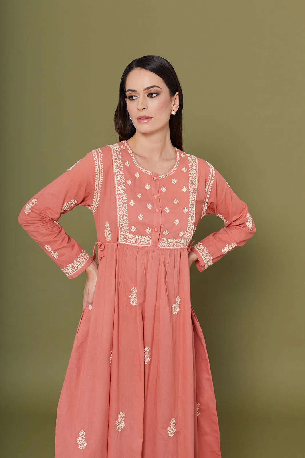 Embroidered Chikankari Kaftan in Desert Flower