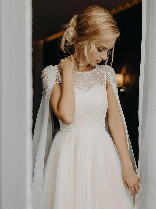 Exquisite Tulle Wedding Dresses Long A-line Bridal Gowns With Pearls WD246