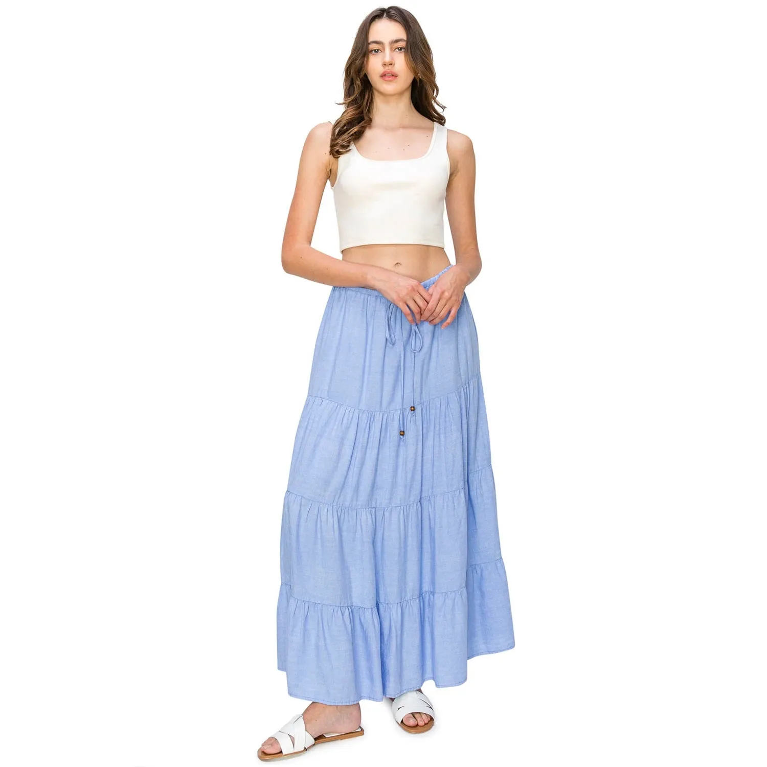 Flowy Tiered Maxi Linen Skirt - Blue