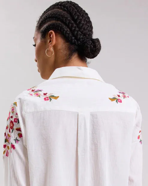 Hartford Cesar Shirt White with Floral Embroidery