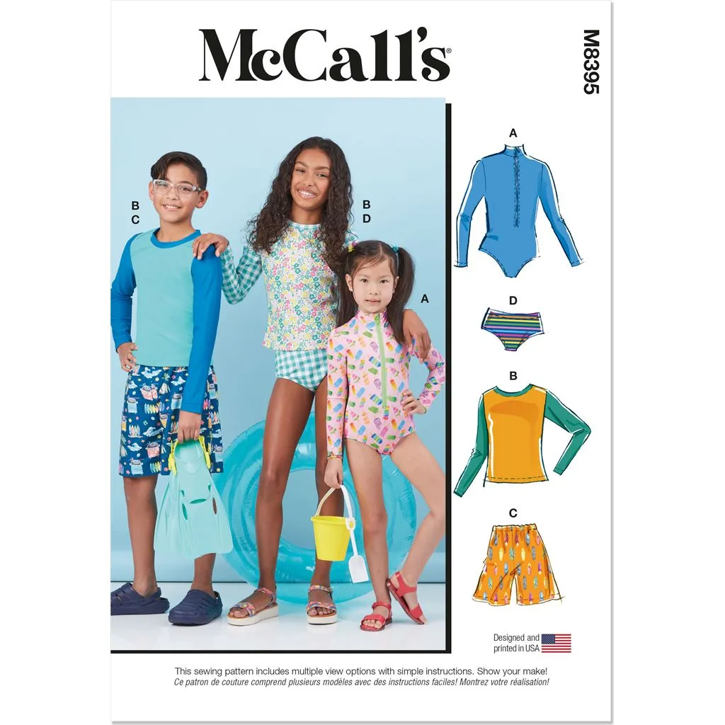 McCall's Pattern M8395 Children's, Girls' and Boys' Rash Guard Bodysuit, Top, Shorts and Bikini
