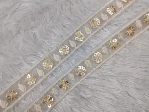 Off White & Golden Sequins Work Embellished Thread Trim