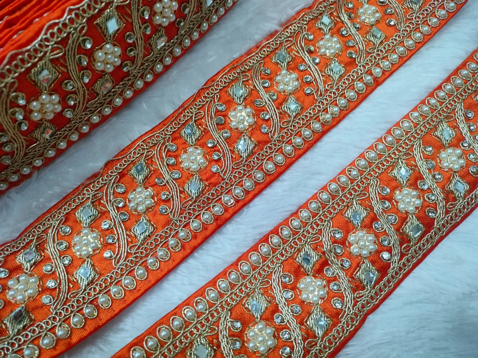 Orange Embellished Pearl and Mirror Trim