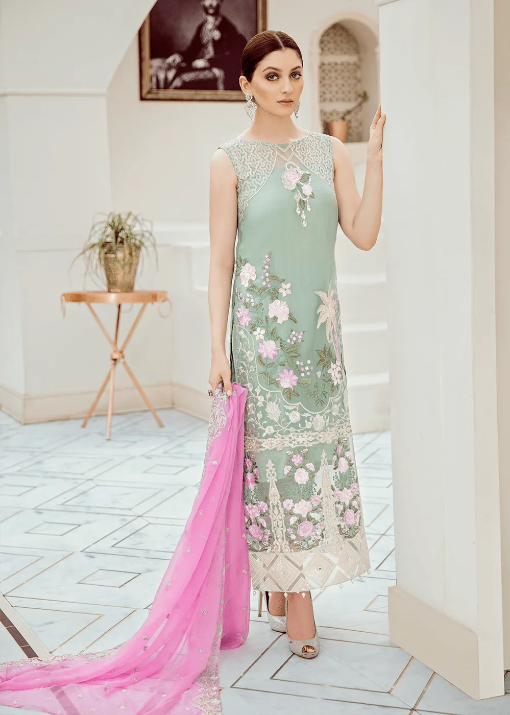 Pakistani embroidered fancy dress in lavish aqua color # P2288