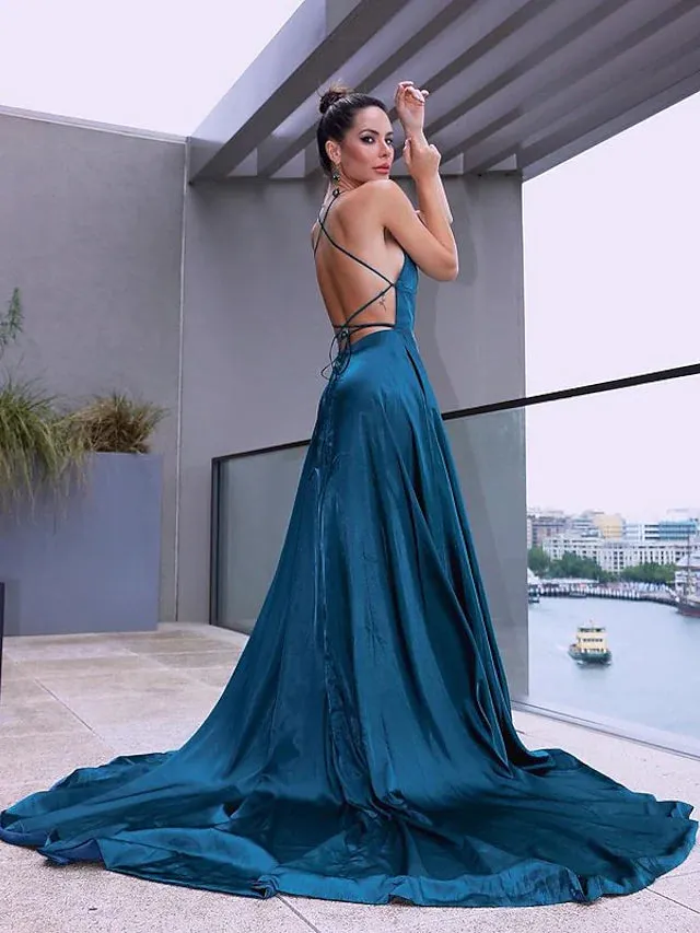Prom Dresses Beautiful Back Dress Party Wear Court Train Sleeveless Spaghetti Strap Satin with Slit