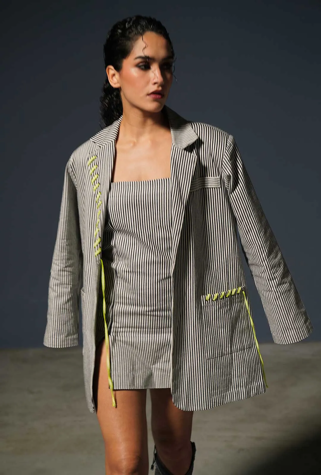 Striped Oversized Blazer With Fitted Short Dress Set