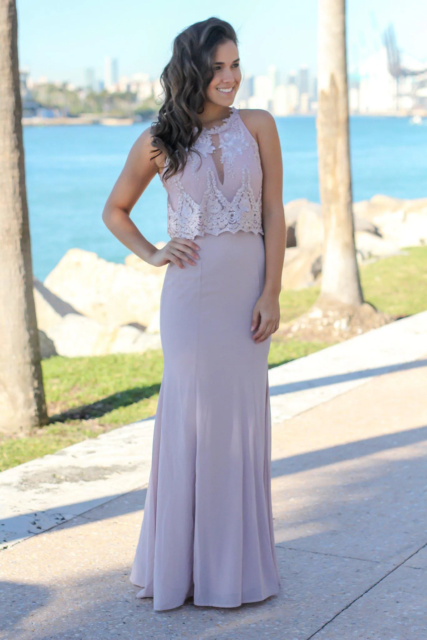 Tea Rose Maxi Dress with Mesh Embroidered Top