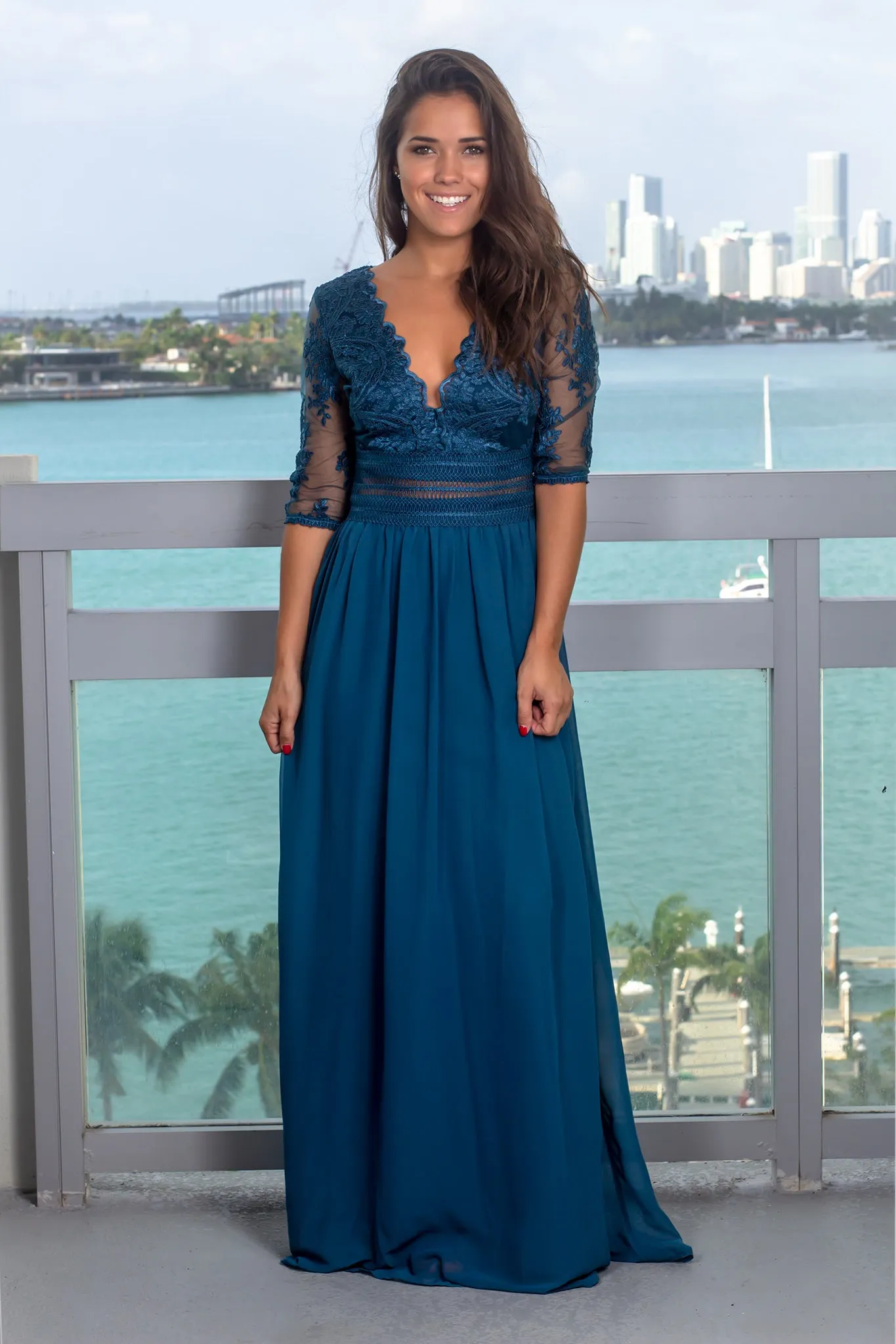 Teal V-Neck Maxi Dress with Mesh Embroidered Sleeves