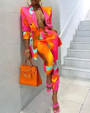 Tie Dye Blazer & Pants Set with Buttons